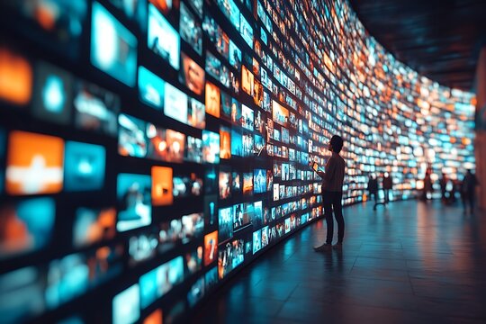 Interactive media wall, viewing many images,  modern building,  background entertainment