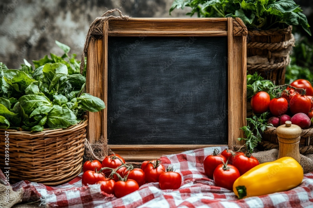 Poster fresh vegetables and a blank blackboard sitting on a checkered tablecloth offer a rustic setting for