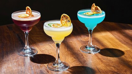 Three vibrant cocktails displayed on a wooden table.