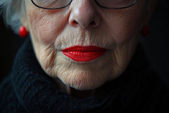 Portrait of a stylish senior woman wearing vibrant red lipstick and glasses, highlighting the beauty of aging gracefully