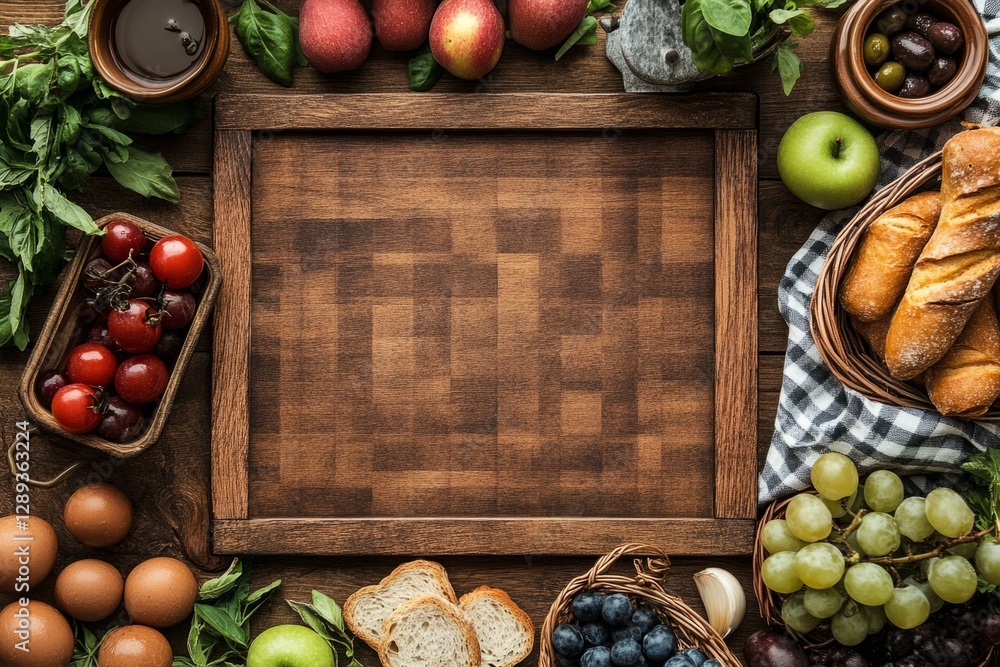 Poster empty wooden frame surrounded by various fresh food ingredients, creating a rustic and inviting scen