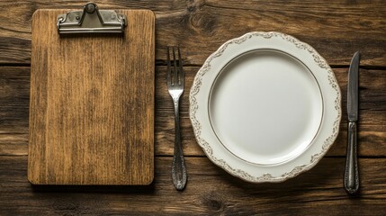 Rustic table, empty plate, menu clipboard, wooden background, restaurant