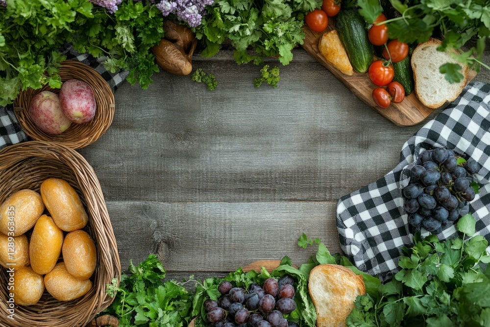 Poster variety of fresh food creating a frame with negative space on a rustic wooden table, ideal for food-
