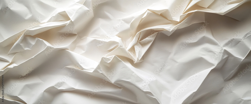 Poster close-up of crumpled white paper texture with soft light and natural shadows, symbolizing discarded 