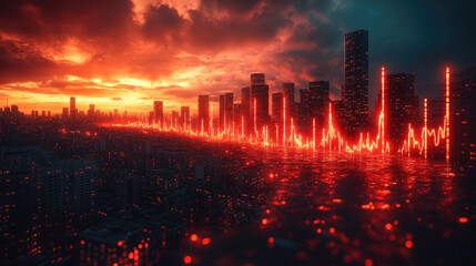 Futuristic cityscape at sunset with red data overlay