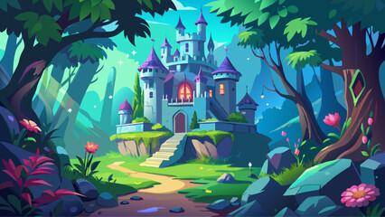 Enchanted stone castle nestled in a lush forest with whimsical architecture and glowing windows