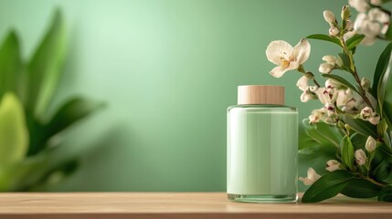 An aesthetic arrangement featuring a green bottle and delicate flowers, creating a serene decor style that embodies natural beauty and tranquility in a cozy environment.
