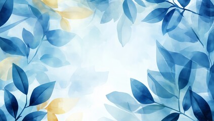 Fototapeta premium Soft blue watercolor background with delicate translucent leaves, A serene and calming aesthetic ideal for modern design, Invitation or digital artwork
