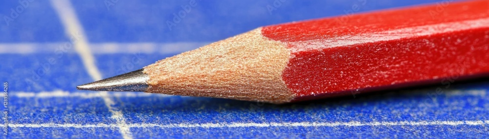 Aufkleber close-up view of a red pencil point on a blue graph paper background with detailed texture highlight