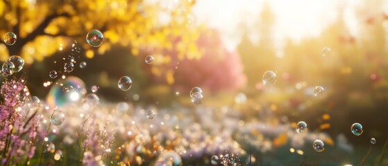 Bubbles float whimsically in a sunlit garden, illuminated by golden light and surrounded by vibrant flora, capturing a fleeting moment of joy.