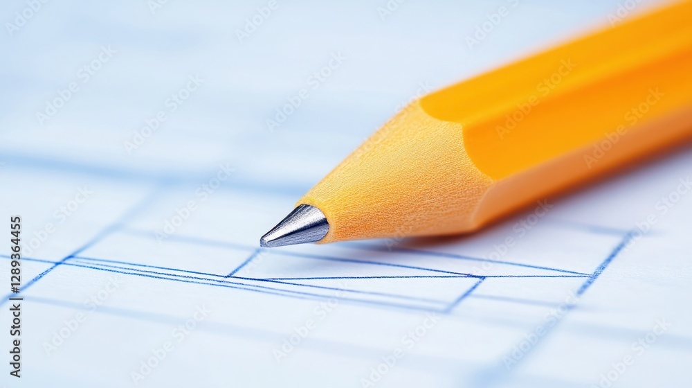 Poster close-up of an orange pencil resting on a blueprint with precise line drawings emphasizing creativit