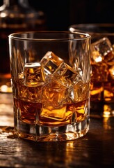 close capture whiskey glass filled ice reflective rich amber liquid illuminated soft light, drink, beverage, tumbler, crystal, refreshment, condensation