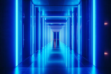 Abstract blue neon tunnel with glowing geometric symmetry. A futuristic sci-fi-inspired passageway with digital aesthetics