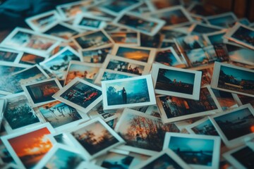 Numerous instant photos spread across a surface, creating a nostalgic display of captured moments
