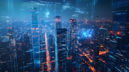 Obraz premium Futuristic Cityscape with Illuminated Skyscrapers and Digital Surveillance Systems