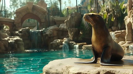 Fototapeta premium California sea lion rests by pool, resort background, wildlife exhibit