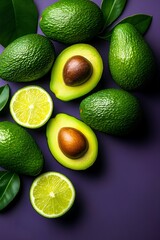 Fresh avocados scattered on a textured purple background, providing a modern and appetizing look. Copy space.