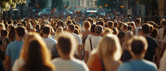 Crowded city street captures the pulse of urban life as a diverse crowd moves forward under a soft, warm light, evoking the spirit of community.