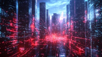 Fototapeta premium Futuristic City Protected by AI Driven Firewalls at Night