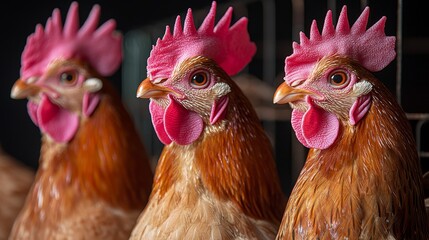 Fototapeta premium Three vibrant and detailed chickens with colorful combs and wattles displayed closely in a rustic farm setting.