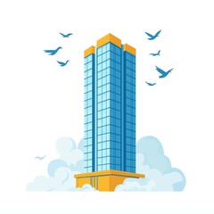 Naklejka premium Modern Glass Skyscraper Building with Reflective Windows, Surrounded by Clouds and Flying Birds 
