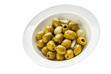 olives mediterranean snack garlic aperitif fresh tasty food dish gourmet food background on the table rustic food top view copy space vegetarian and vegan food