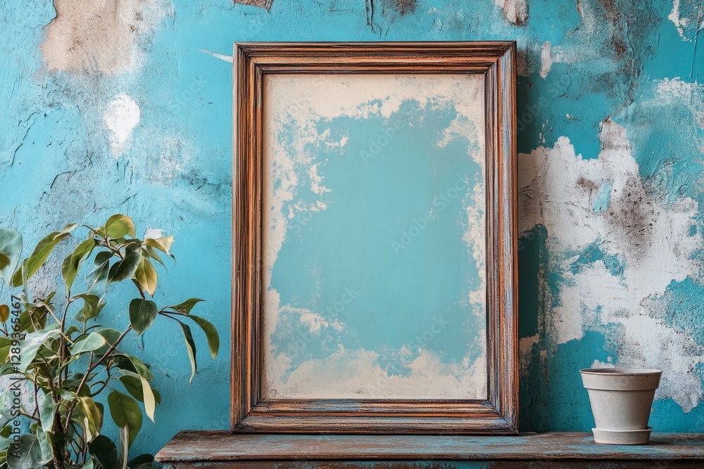 Poster empty vintage frame leaning on rustic shelf against textured wall with plants, creating a bohemian a