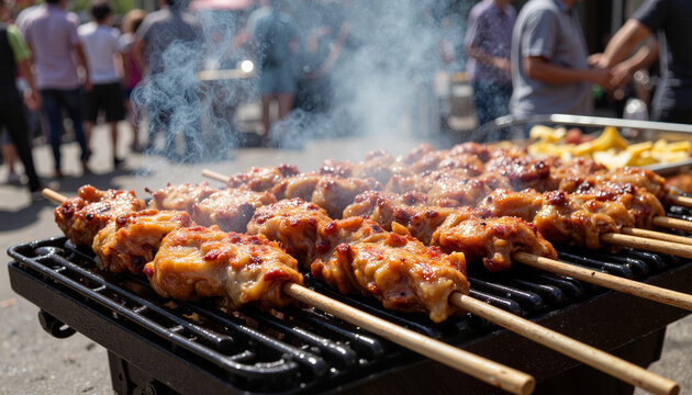 Grilled skewers of chicken with smoky aroma at food festival - Powered by Adobe