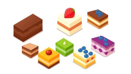Obraz premium Collection of cube cake slices. Chocolate, strawberry, vanilla, matcha or green tea, orange, and blueberry cake. Isometric sweets icon. Cute cartoon vector illustration. Cafe sweet dessert menu.