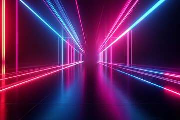 Digital neon tunnel with vibrant pink and blue lighting, creating a cyberpunk and sci-fi atmosphere. A futuristic dreamscape