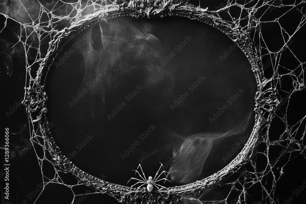 Poster spider crawling on spooky cobweb covered oval frame with smoke, creating a dark and mysterious hallo