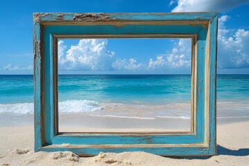 Fototapeta premium Wooden frame framing beautiful tropical beach and ocean view on sunny day