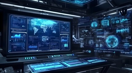 Obraz premium Futuristic Cybersecurity Monitoring Dashboard with Advanced AI Driven Data Analytics