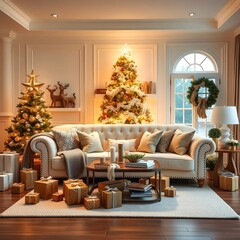 Elegant Christmas Living Room with Decorated Tree and Gifts