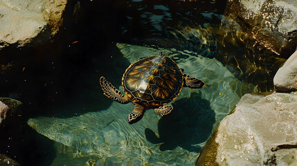 Sea turtle swimming rocky pool, sunlit water, conservation center background