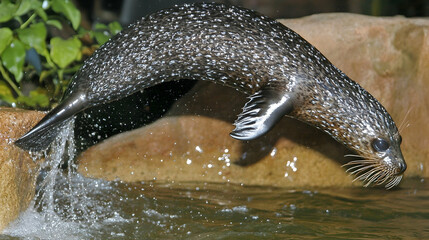 Fototapeta premium Seal leaping from rock into water, aquatic exhibit background, wildlife photography