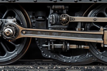 Close-up of intricate steam locomotive wheel mechanism, showcasing its robust construction and aged metal.