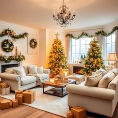 Elegant Christmas Living Room with Decorated Tree and Gifts