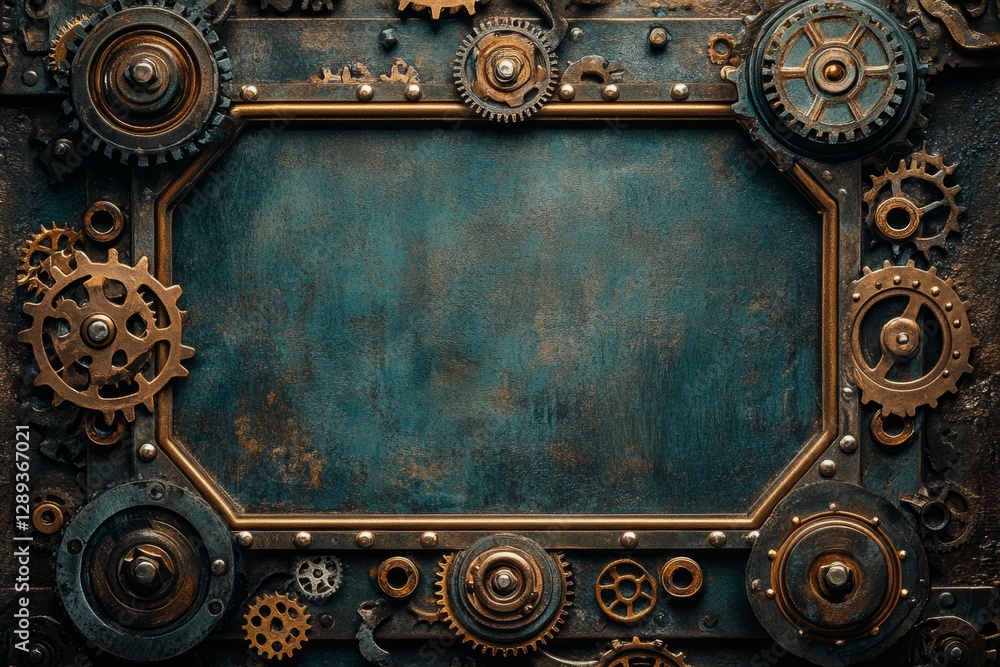 Poster metallic steampunk frame border featuring various mechanical gears and cogwheels on a dark backgroun