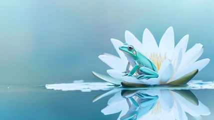 Tableau sur plexiglas Salle de bain Serene Green Frog on White Water Lily, Calm Pond Reflection, Nature Background, Zen Poster  © creative