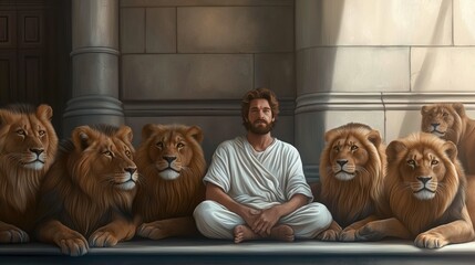 The Bible story of Daniel and the lions: Daniel sits quietly in the lions' den, surrounded by calm lions. Daniel in the cave. Bible story. Real photo.