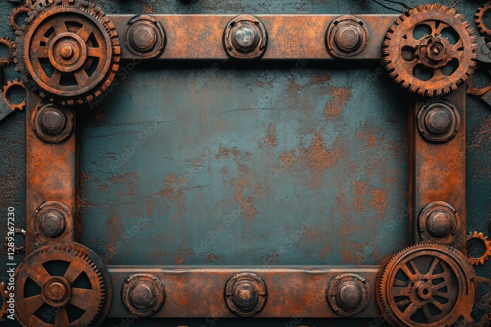 Poster steampunk style rusty metal frame with gears and bolts creating a border on a textured metallic back