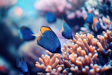 Vibrant blue and orange fish swim amidst vibrant coral reefs in a clear ocean.