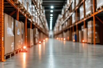 Fototapeta premium Large industrial warehouse interior with tall shelves full of cardboard boxes.