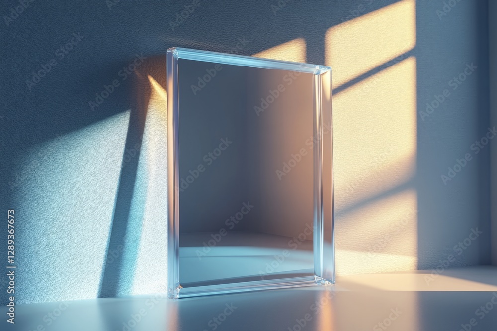 Poster transparent glass frame standing in modern interior, casting shadows and refracting light, creating 