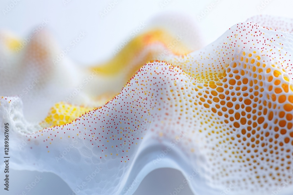 Poster abstract close-up of a textured surface with white, yellow, and red dots forming a wave-like pattern