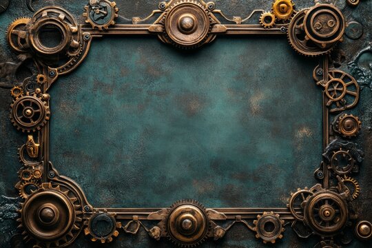 Metallic steampunk frame border with brass and copper gears and cogwheels on teal background, creating a vintage and industrial style