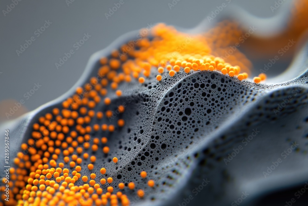 Poster abstract 3d render of a textured surface with small orange spheres scattered across it.