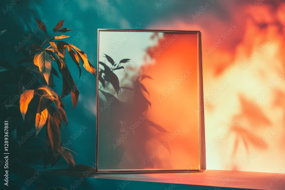Poster empty picture frame reflecting a plant shadow with a vibrant teal and orange background creating a s