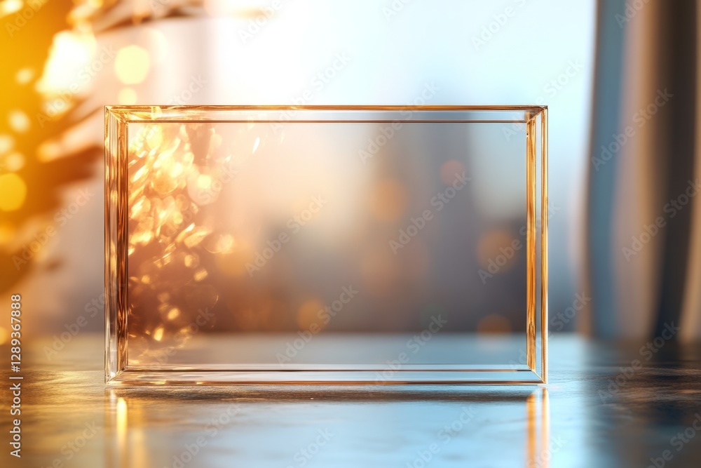 Poster transparent glass frame showcasing golden bokeh lights, creating a festive and elegant atmosphere